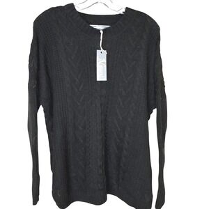 Natural Reflections SMALL Black Cable Knit Sweater Women V Neck Long Sleeve
